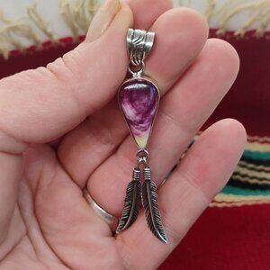 Southwestern Purple Spiny Oyster Sterling Silver Pendant w/Feather Dangles